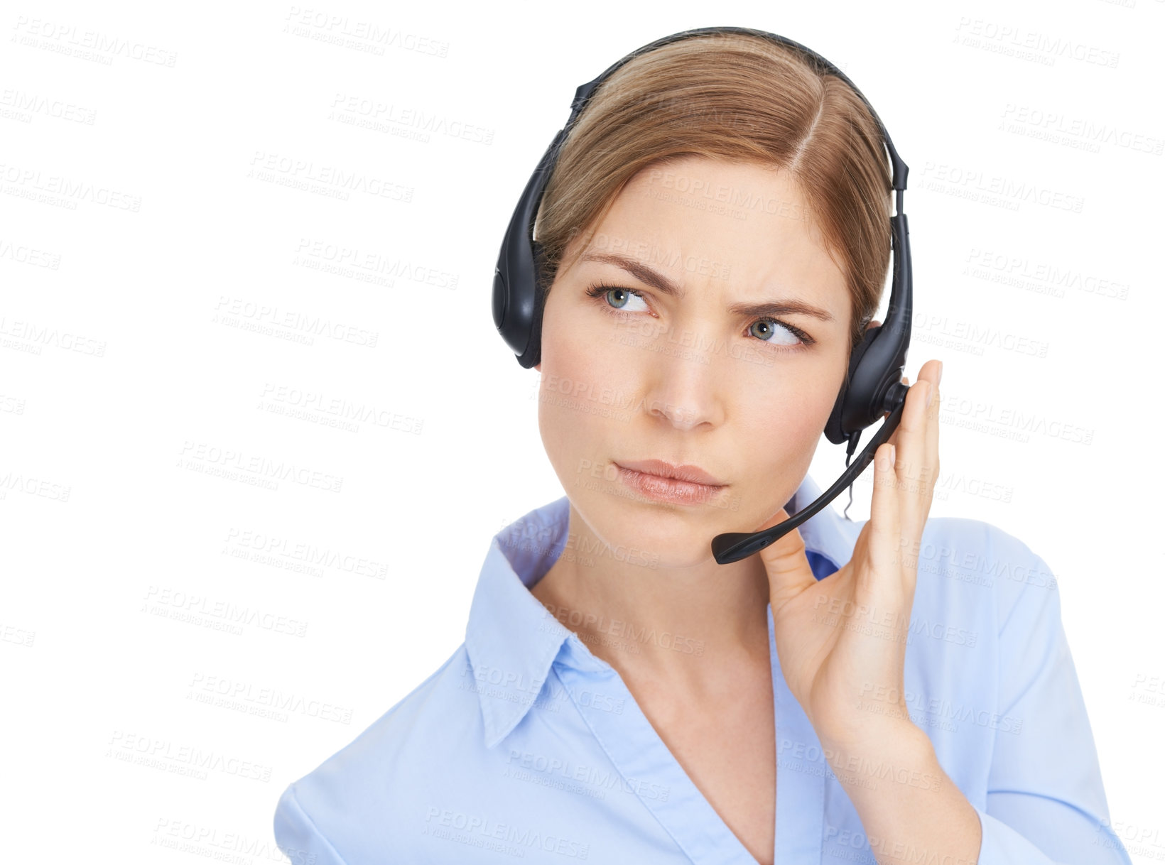 Buy stock photo Thinking, customer service and face of woman at call center in studio isolated on white background mock up. Crm, ideas and doubt of female telemarketer, consultant or sales agent listening on headset