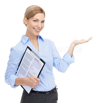 Buy stock photo Woman, portrait and hand palm for clipboard promotion, contact us recruitment or advertising marketing space. Smile, happy worker and business hr manager showing mock up on isolated white background