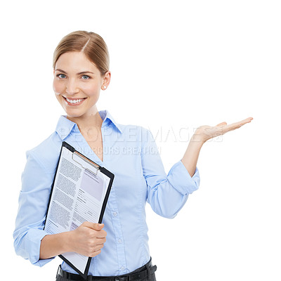 Buy stock photo Business woman, portrait or hand clipboard in contract promotion, recruitment advertising or palm brand marketing. Smile, happy worker or hr manager showing mock up space on isolated white background