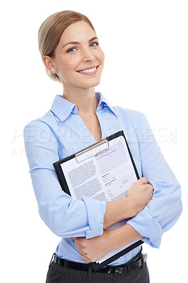 Buy stock photo Hr management, portrait or paper clipboard on isolated white background in cv review, recruitment or job interview. Smile, happy worker or human resources woman or contract documents in we are hiring