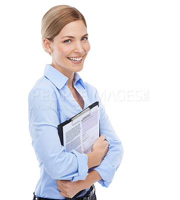 Buy stock photo Business woman, portrait and documents clipboard on white background in cv review, recruitment or job interview. Smile, happy worker and human resources woman with contract in isolated we are hiring