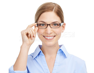 Buy stock photo Vision, smile and portrait of woman with glasses for eyesight isolated on white background. Eyes, sight and happy woman receptionist with prescription frame and lens for medical spectacles in studio.