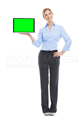 Buy stock photo Laptop, green screen and portrait of businesswoman, white background and isolated studio of mockup advertising. Happy worker, female model and mock up computer, internet technology or email marketing