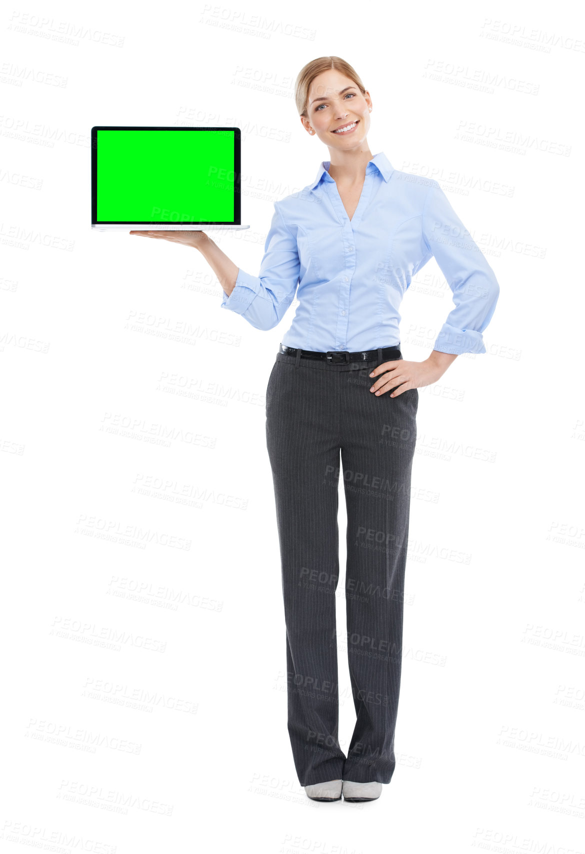 Buy stock photo Laptop, green screen and portrait of businesswoman, white background and isolated studio of mockup advertising. Happy worker, female model and mock up computer, internet technology or email marketing