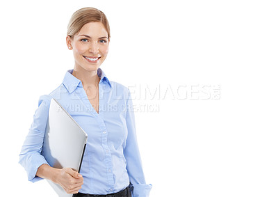 Buy stock photo Business woman with laptop, professional portrait with 
technology and internet network on white background. Company communication, email work and employee, happy corporate female and tech mockup