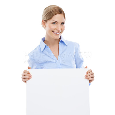 Buy stock photo Happy business woman with a poster with mockup space for announcement, advertising or marketing. Signage, card and portrait of female model with blank board with copy space by white studio background