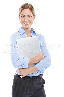 Buy stock photo Business woman, portrait and computer of a working employee ready for a tech job. White background, laptop and isolated worker smile happy about learning and email in a studio smiling with pc