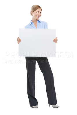 Buy stock photo Business woman, portrait and mockup poster sign or banner with space for advertising marketing logo. Happy female with brand announcement, product placement or signage on isolated white background