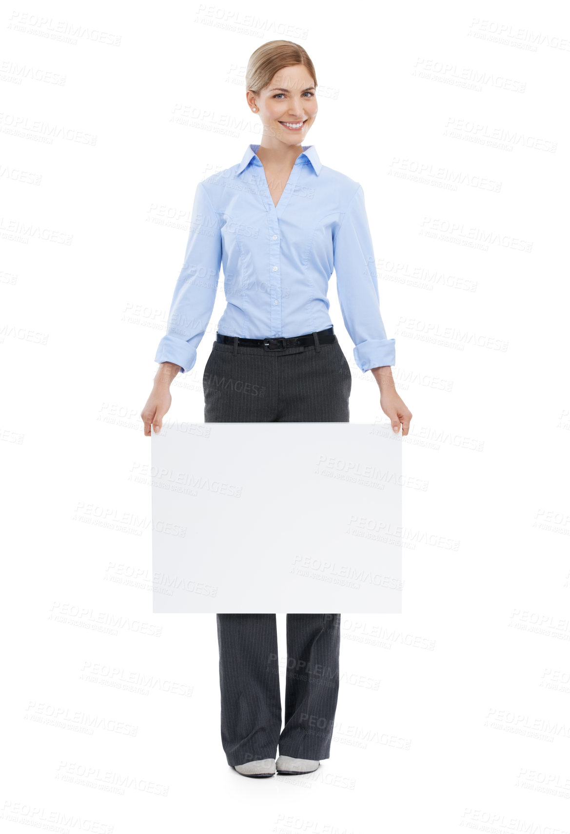 Buy stock photo Poster, banner and happy business woman portrait with space, billboard or mockup for advertising. Female with brand announcement, product placement or signage for logo on isolated white background