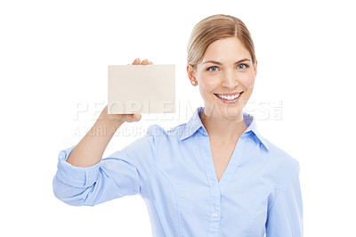 Buy stock photo Business, smile and woman with a card with mockup space for announcement or advertising. Signage, bulletin and portrait of a female model with blank board with copy space by white studio background.