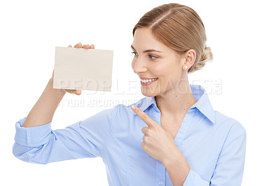Buy stock photo Presentation, card and pointing business woman marketing a brand on a white background in studio. Happy, branding and employee showing a sales paper for advertising of logo on a studio background