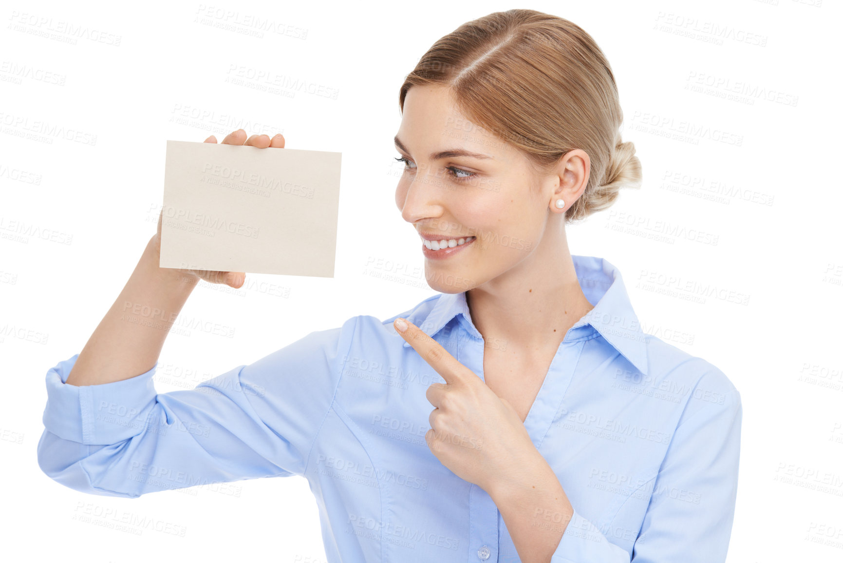 Buy stock photo Presentation, card and pointing business woman marketing a brand on a white background in studio. Happy, branding and employee showing a sales paper for advertising of logo on a studio background