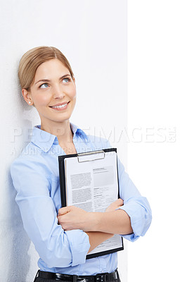 Buy stock photo Thinking, business woman and contract clipboard on isolated white background with cv ideas or recruitment goals. Smile, happy worker and human resources manager with paper documents for we are hiring