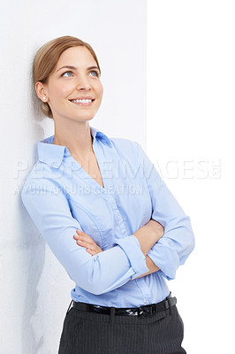 Buy stock photo Happy, thinking and business woman in studio with idea, vision and future goal on white background. Smile, planning and woman entrepreneur relax, satisfied and on mission for startup while isolated 