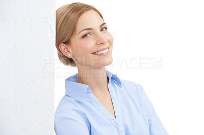 Buy stock photo Business, portrait and model leaning on a wall in studio with a stylish, luxury and fashion outfit. Happy, smile and female model from Australia with corporate clothes isolated by a white background.