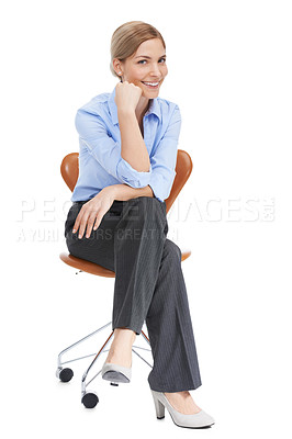 Buy stock photo Businesswoman, happy portrait and office chair in studio, white background and happiness. Female worker, model and employee sitting on chair with smile, management and motivation in corporate career