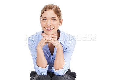 Buy stock photo Businesswoman, portrait and sitting with white background, smile and mockup advertising space. Happy female worker, studio model and employee with mock up, success and motivation as corporate leader