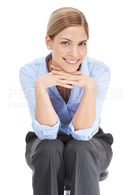 Buy stock photo Businesswoman, portrait and smile on chair in white background, studio and happiness. Happy female worker, model and office chair of young employee, entrepreneur and motivation in corporate career 