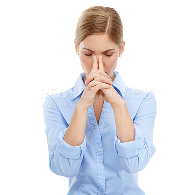 Buy stock photo Business woman, stress and mental health or anxiety with headache against a white studio background. Isolated female employee suffering from depression, thinking or frustrated with hands on head