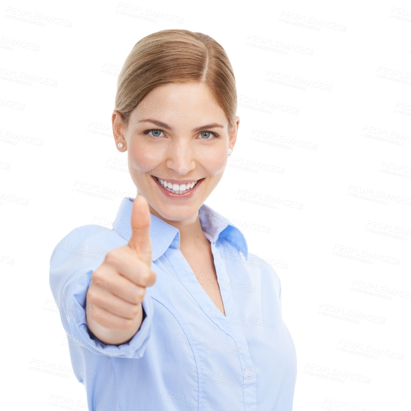 Buy stock photo Business woman, portrait and thumbs up for winning, job done and thank you for support or approval. Face of happy female with hand emoji for, sale, deal or discount isolated on white background