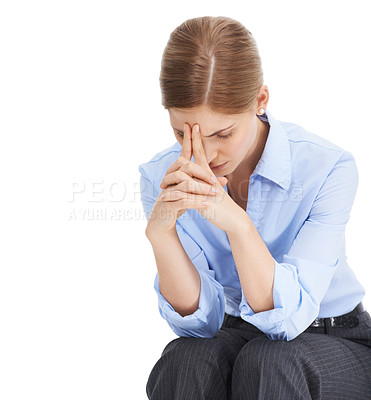 Buy stock photo Corporate worker, hands or stress headache on isolated white background in mental health or anxiety burnout. Thinking business woman, worried or employee in company investment or financial tax crisis