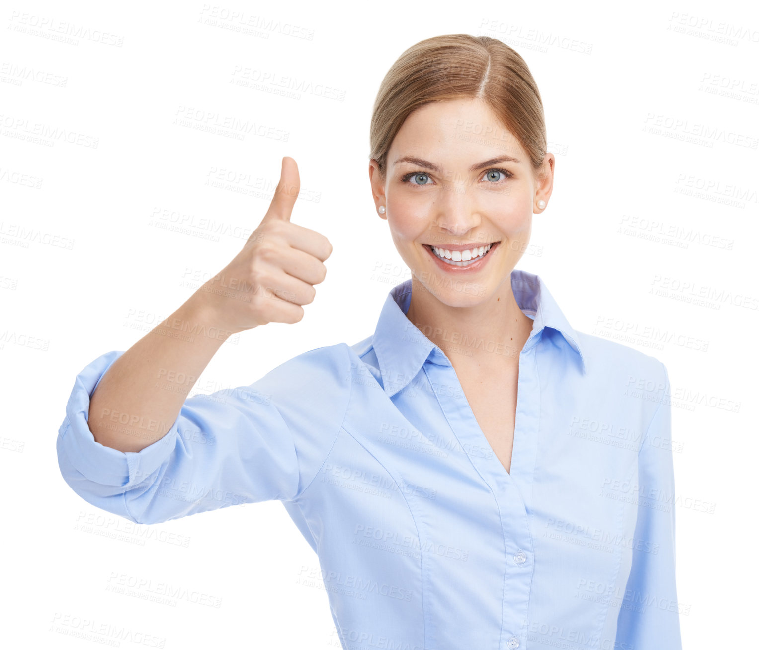 Buy stock photo Thumbs up, hand sign portrait of a woman happy about winning, deal and thank you for support or approval. Face of female with emoji for yes, sale or discount with smile isolated on white background