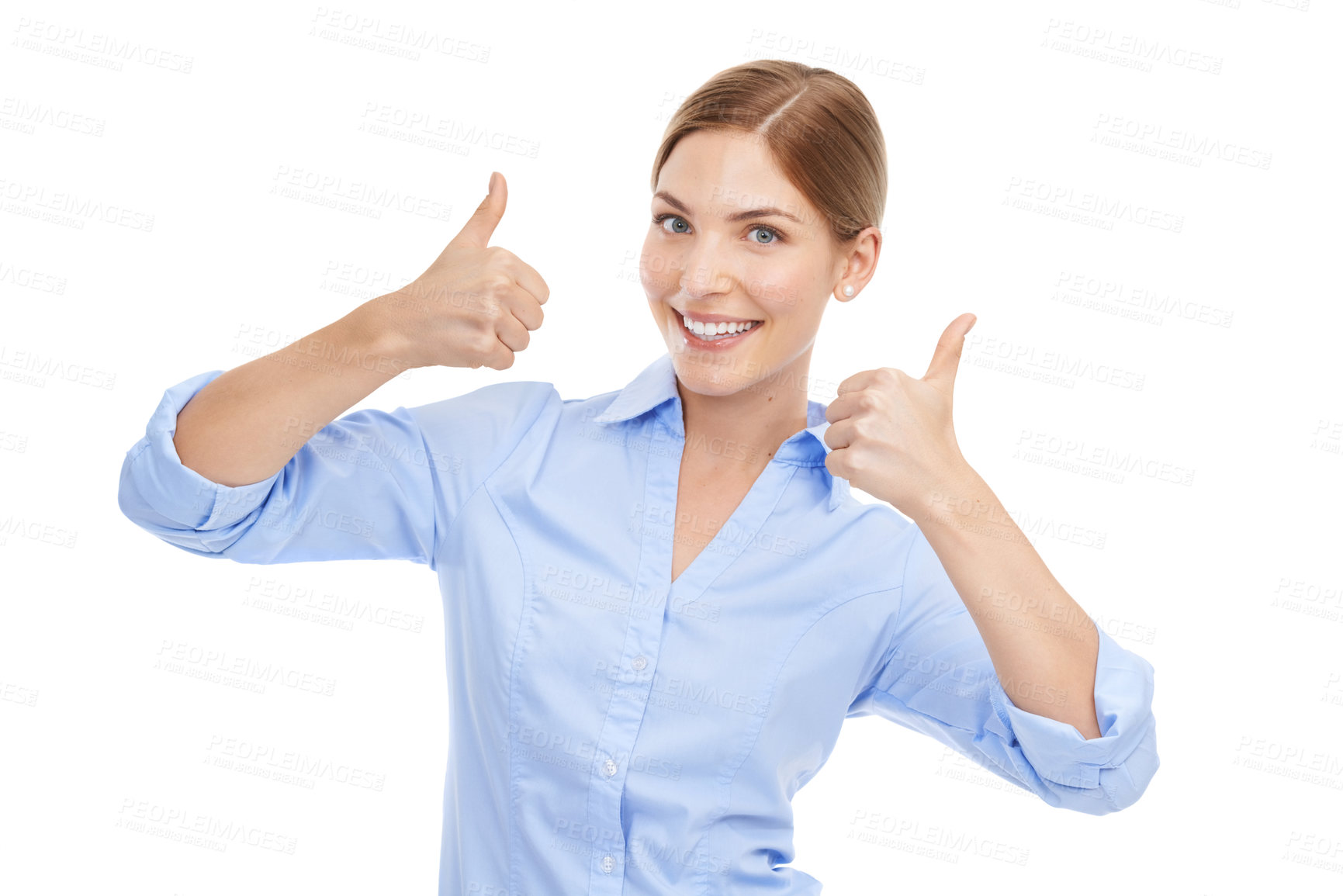 Buy stock photo Thumbs up, hands and portrait of a business woman for winning, success and thank you for support or approval. Happy female with like emoji for deal, sale or discount isolated on white background