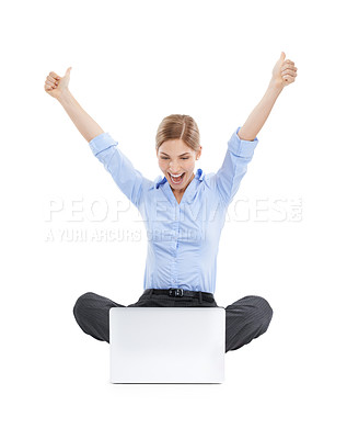 Buy stock photo Thumbs up, celebration and business woman with laptop in studio isolated on white background. Winner, computer and female celebrating goals, target achievement or success, lottery victory or winning.