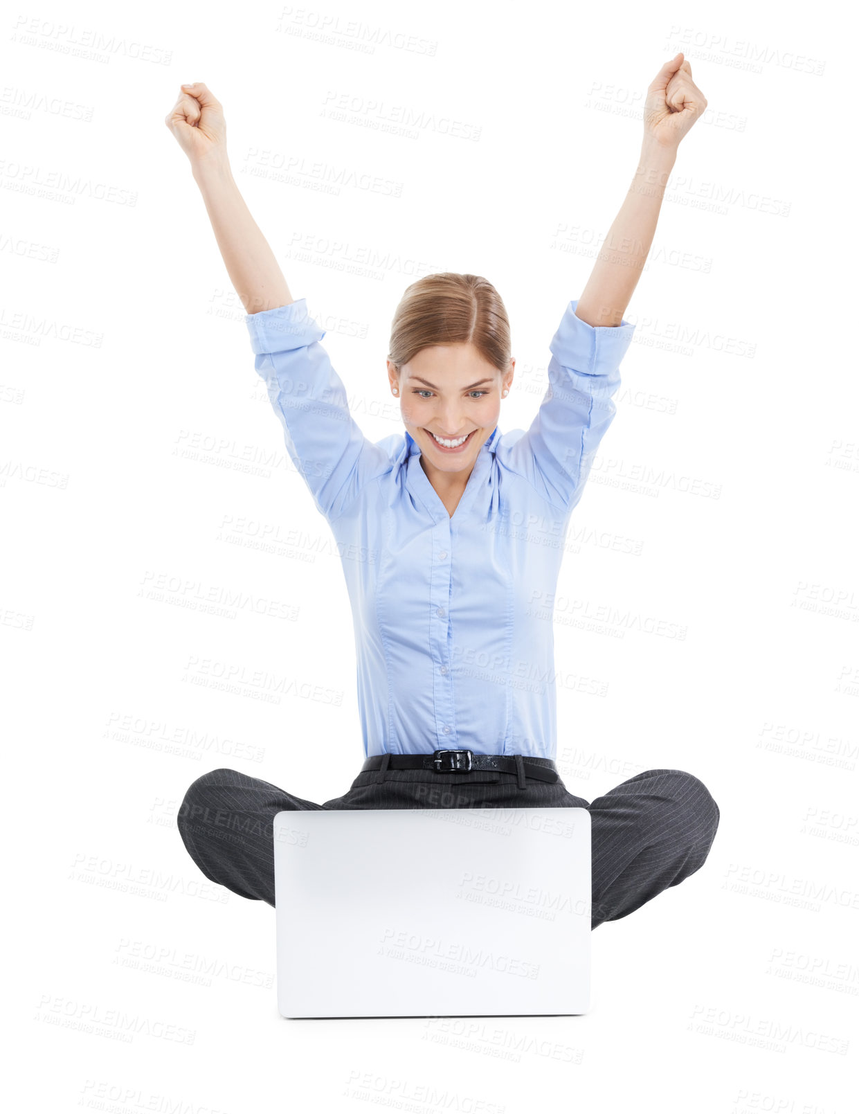 Buy stock photo Celebration, success and business woman with laptop in studio isolated on white background. Winner, computer and female celebrating goals, target achievement or lottery victory, winning or promotion.