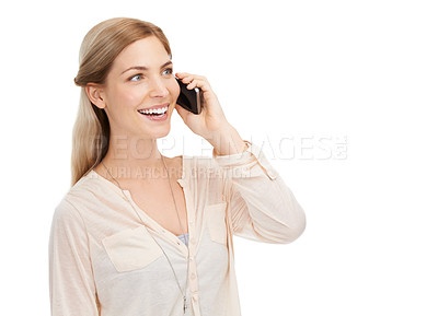 Buy stock photo Woman, phone call and communication with smile and conversation in studio with mockup space on white background. Chat, mobile and technology with connection, contact and network for discussion