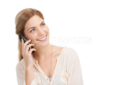 Buy stock photo Woman, happy and connection for phone call in studio, chat and networking or contact for communication. Young model, positive and smartphone for discussion, social and technology by white background