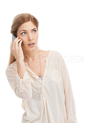 Buy stock photo Wow, gossip and shocked woman with phone call, news or info on studio for drama on white background. Omg, surprise and female model with smartphone app conversation, discussion or secret information
