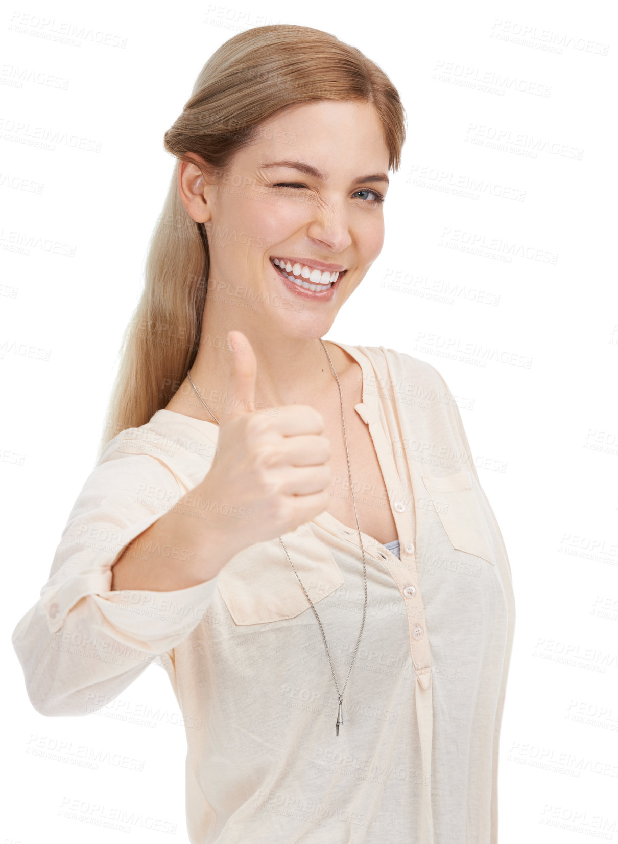 Buy stock photo Portrait, happy woman and wink with thumbs up in studio for support, trust or winning gesture on white background. Face, smile and female model with hand emoji for success, thank you or motivation