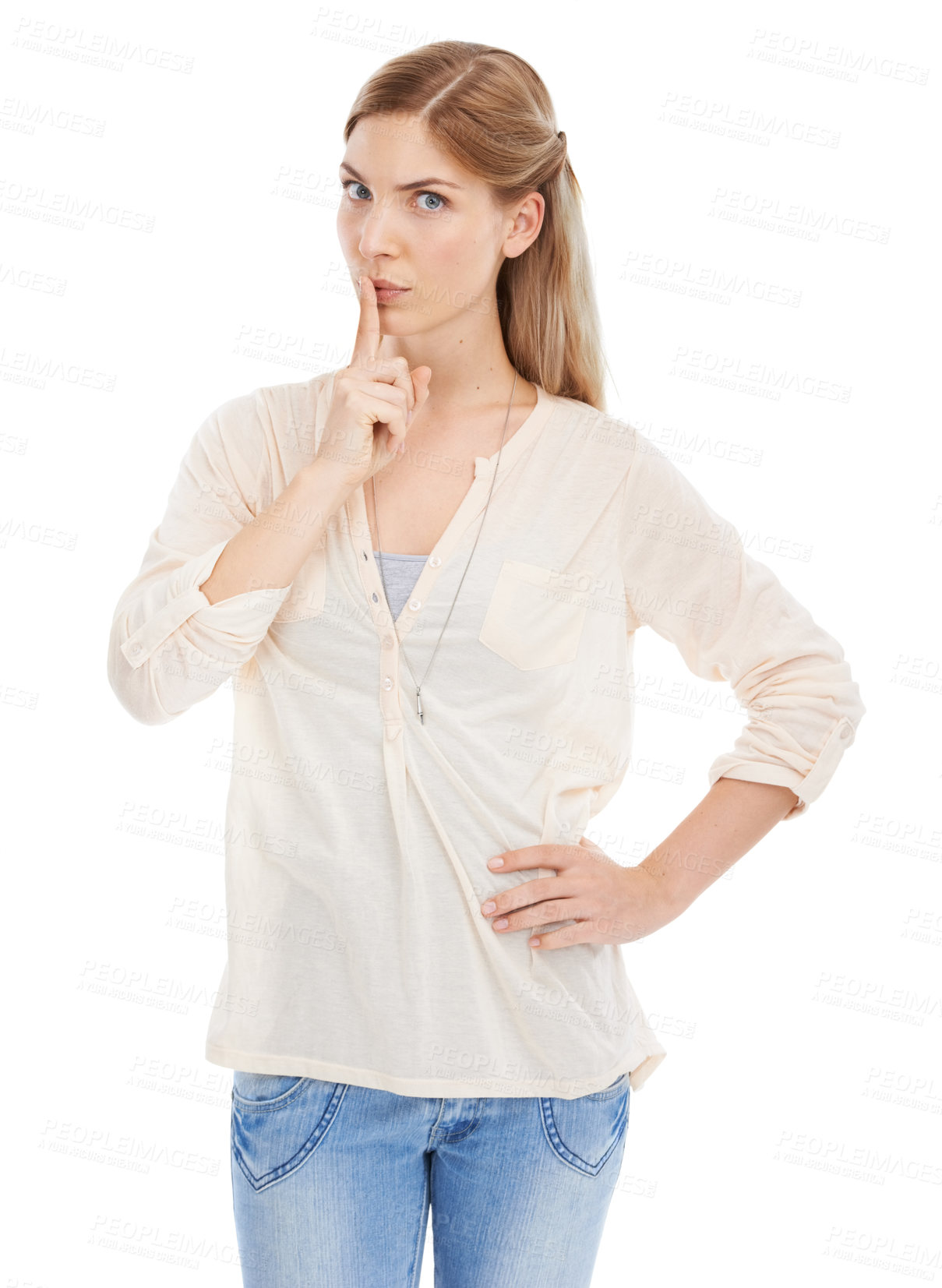 Buy stock photo Whisper, portrait and woman with finger on lips in studio for noise sign on white background. Face, hands and female model with emoji expression for confidential secret, gossip or hush news gesture