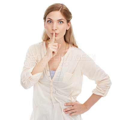Buy stock photo Gossip, portrait and woman with finger on lips in studio for whisper, noise, or stop on white background. Face, hands or female model with emoji sign for confidential, secret or private, hush or news