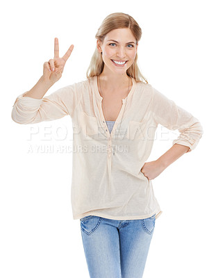 Buy stock photo Portrait, peace sign and happy woman at studio for success isolated on a white background. Smile, fingers and v hand gesture, emoji or young female model with symbol for victory, winning or celebrate