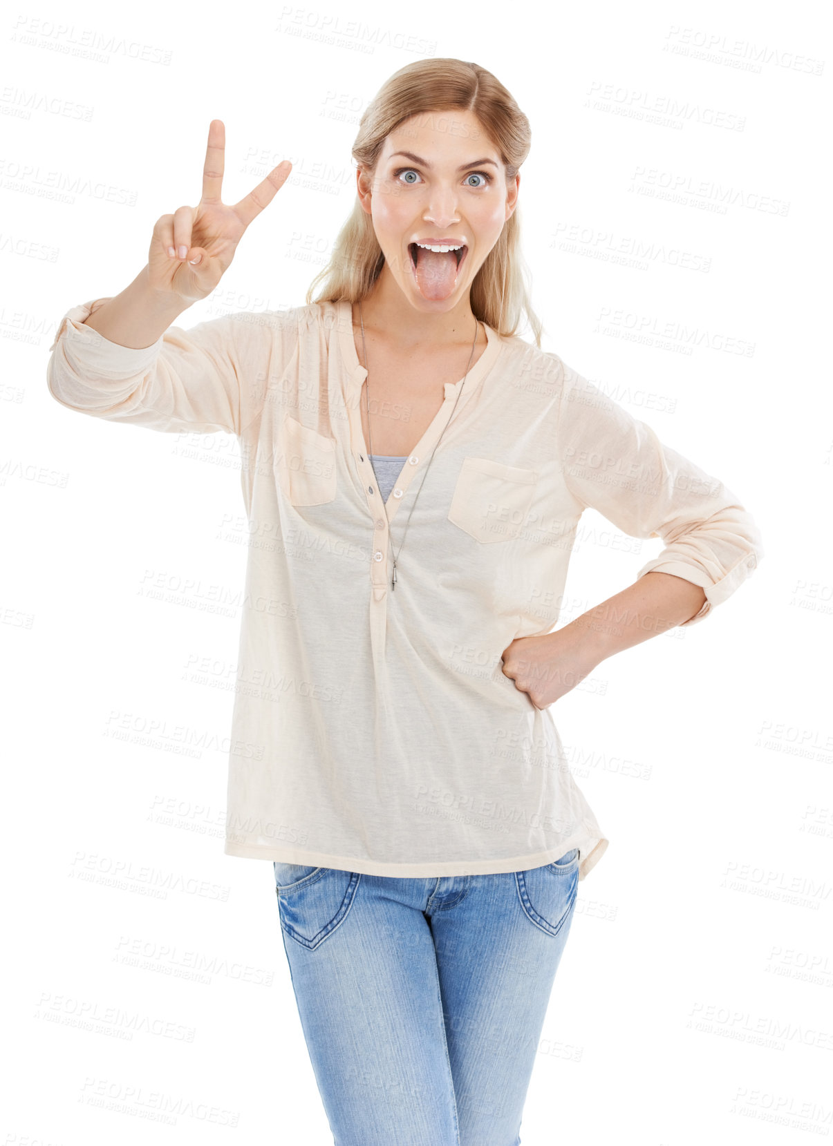 Buy stock photo Portrait, tongue and peace sign with excited woman in studio isolated on white background for humor. Emoji, energy or comedy and confident young comic feeling silly or goofy with weird body language