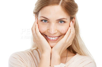Buy stock photo Skincare, smile and happy woman with hands on face in studio for cosmetic, treatment or shine on white background. Beauty, portrait and female model with wellness, dermatology or glowing skin results