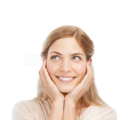 Buy stock photo Thinking, makeup or hands on face of woman in studio for wellness, treatment or cosmetics on white background. Smile, dreaming or excited female model with glowing skin inspiration, ideas or beauty