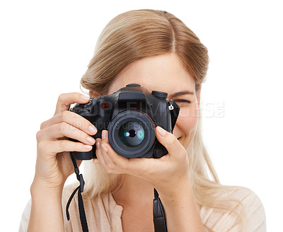 Buy stock photo Photographer, camera and focus with woman and lens, take picture for art and photo journalist on white background. Press, creativity and photography in studio for content creation with technology