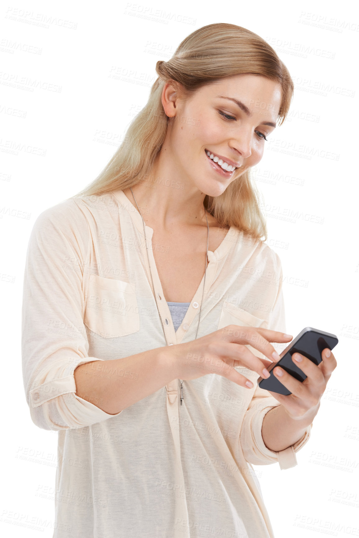 Buy stock photo Woman, smartphone and chat online for communication, social media and smile for email or text on white background. Tech, mobile app and using phone with network, connectivity and happy in studio