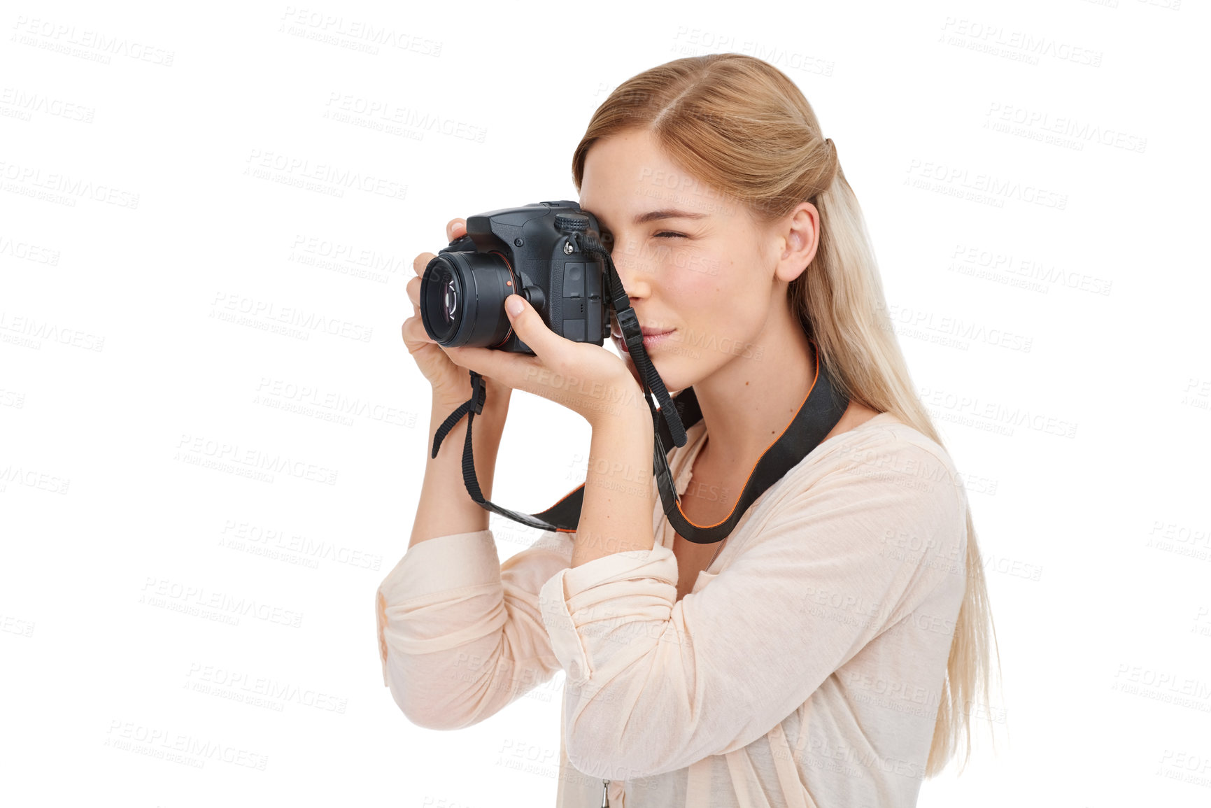 Buy stock photo Studio shot of a beautiful young woman taking pictures with her camera against a white background