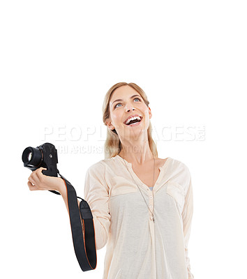 Buy stock photo Thinking, photographer and happy woman with camera in studio isolated on a white background mockup space. Creative person, paparazzi and technology for hobby, taking pictures or professional shoot