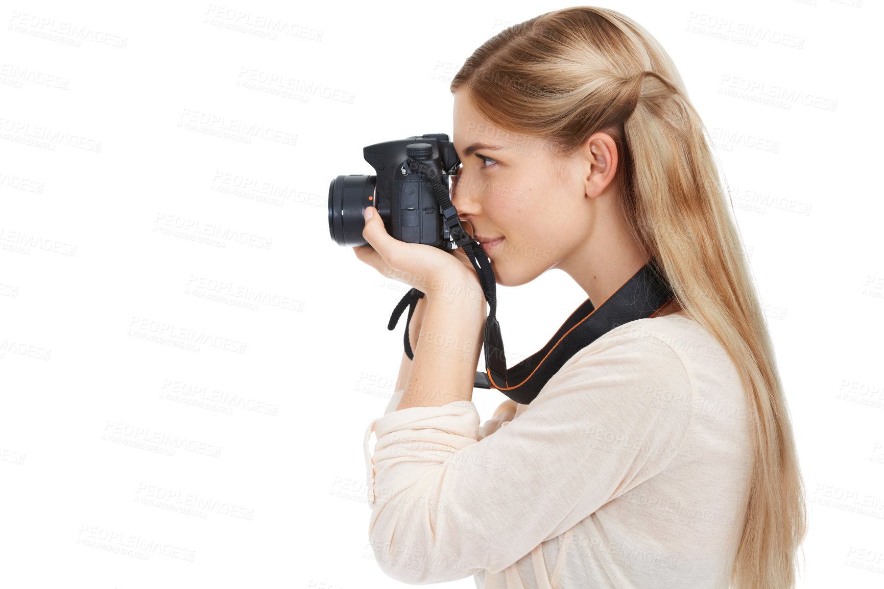 Buy stock photo Photographer, camera lens and focus with woman and profile, picture for art and photo journalist on white background. Mockup space, creativity and photography in studio for content creation with tech