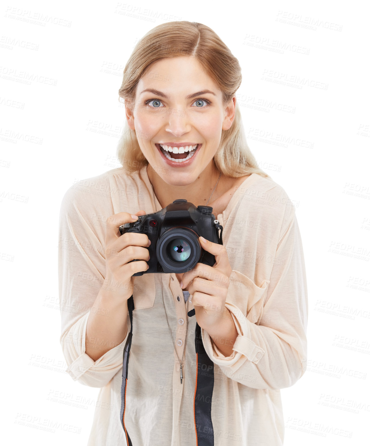 Buy stock photo Portrait, creative photographer and excited woman with camera in studio isolated on a white background. Funny face, paparazzi and technology for hobby, taking pictures and professional photoshoot
