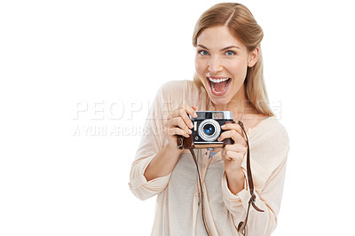 Buy stock photo Portrait, photographer and excited woman with camera in studio isolated on a white background mockup. Face, paparazzi and retro technology for hobby, take pictures or creative professional photoshoot