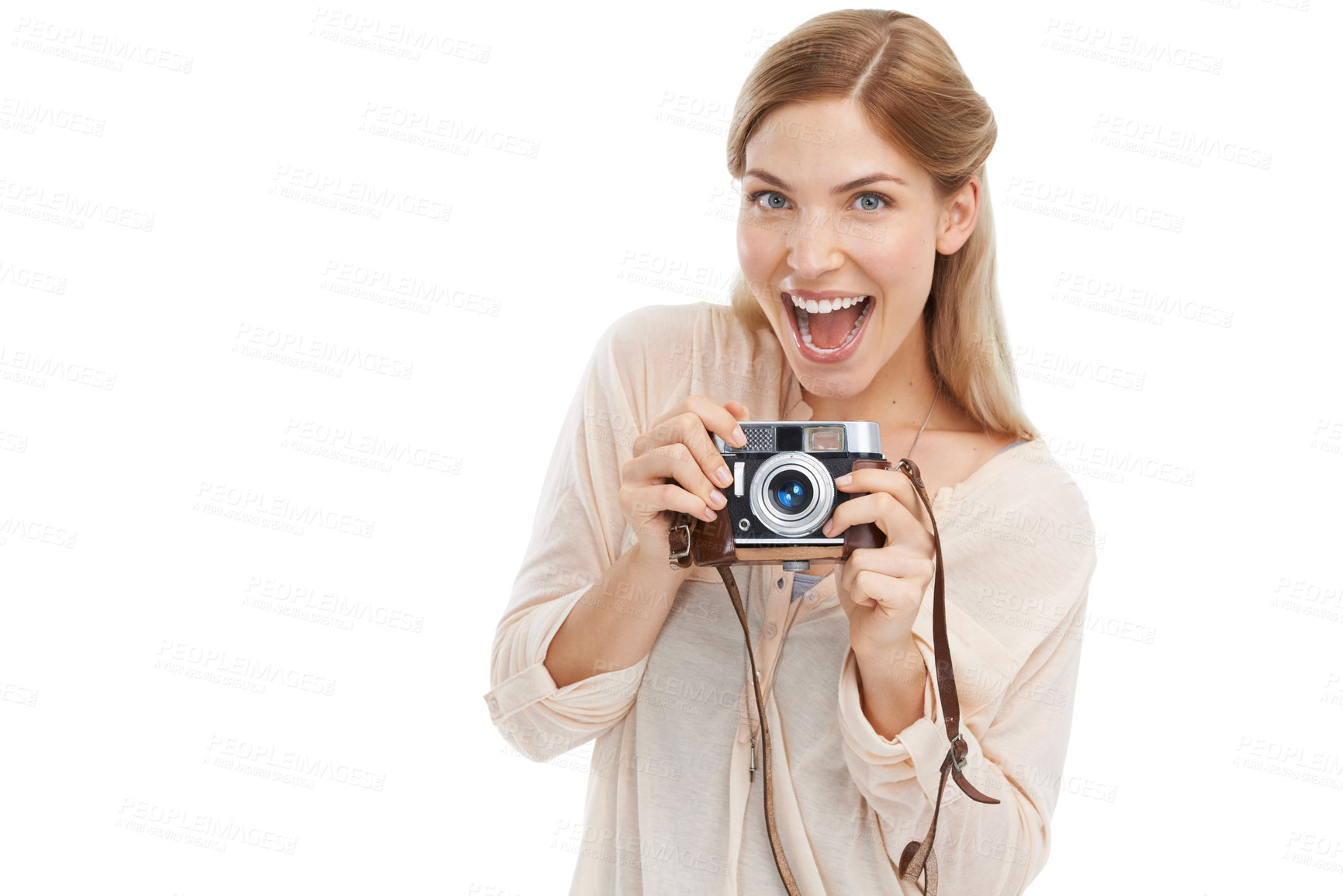 Buy stock photo Portrait, photographer and excited woman with camera in studio isolated on a white background mockup. Face, paparazzi and retro technology for hobby, take pictures or creative professional photoshoot