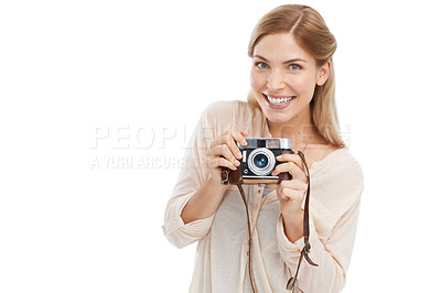 Buy stock photo Happy woman, portrait and camera in studio for photography, photoshoot or memory on white background. Lens, equipment and face of female photographer with creative, hobby for artistic expression