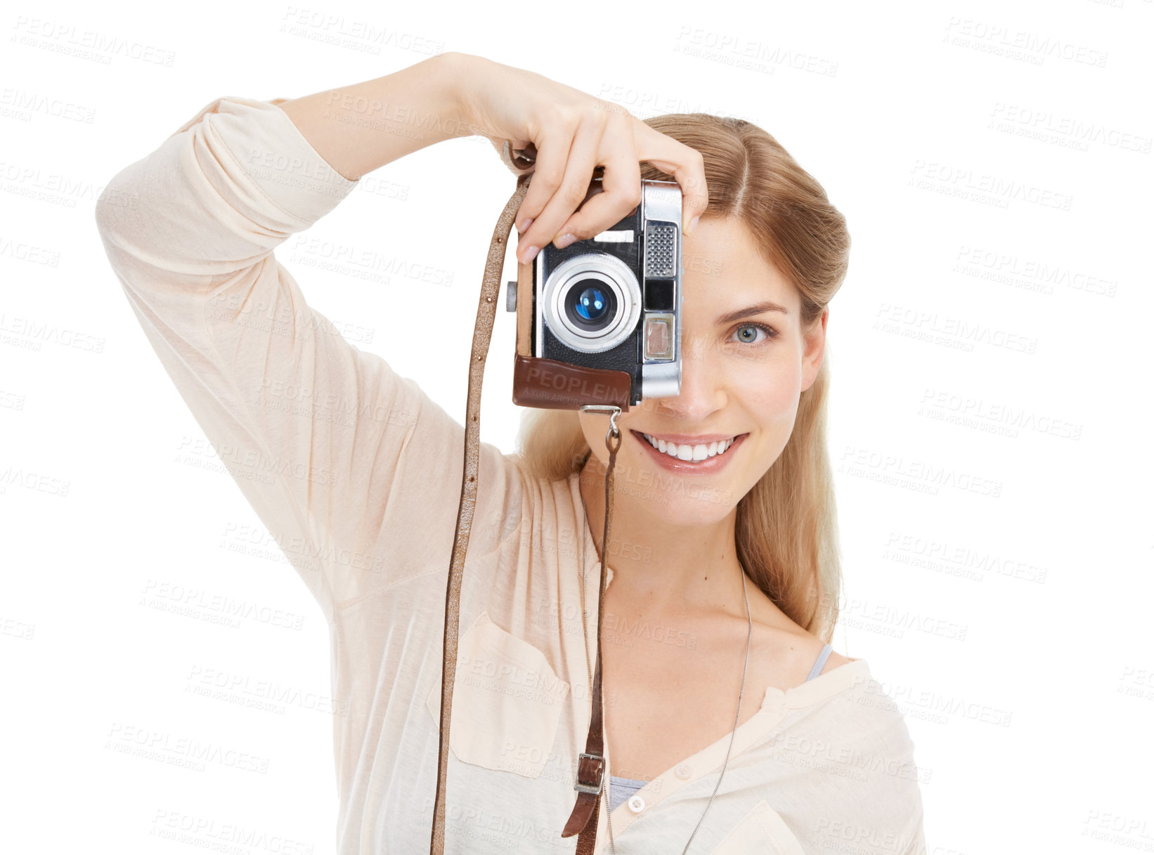 Buy stock photo Portrait, happy woman and camera in studio for photography, photoshoot or memory on white background. Lens, equipment and face of female photographer with creative, hobby for artistic expression