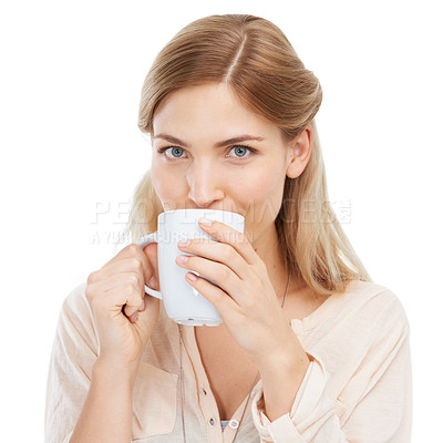 Buy stock photo Portrait, drinking coffee and woman with cup in studio isolated on a white background. Face, tea mug and young person or girl with hot healthy beverage, latte or espresso for breakfast in the morning